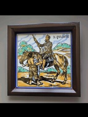 Vintage Don Quijote Ceramic Tile Art, Spanish Style, 7x7in, Brown Wood Frame
